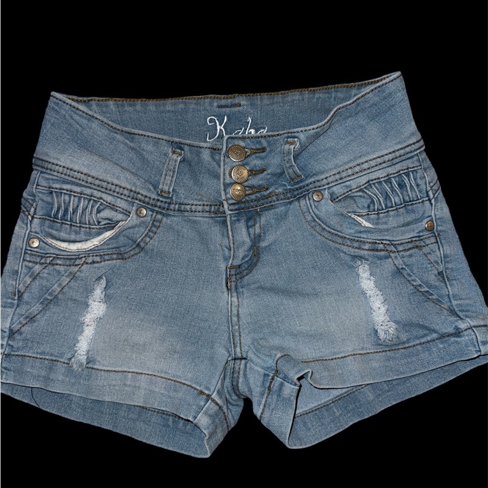 Blue Jean Shorts with Distressed Cuffed Hem
